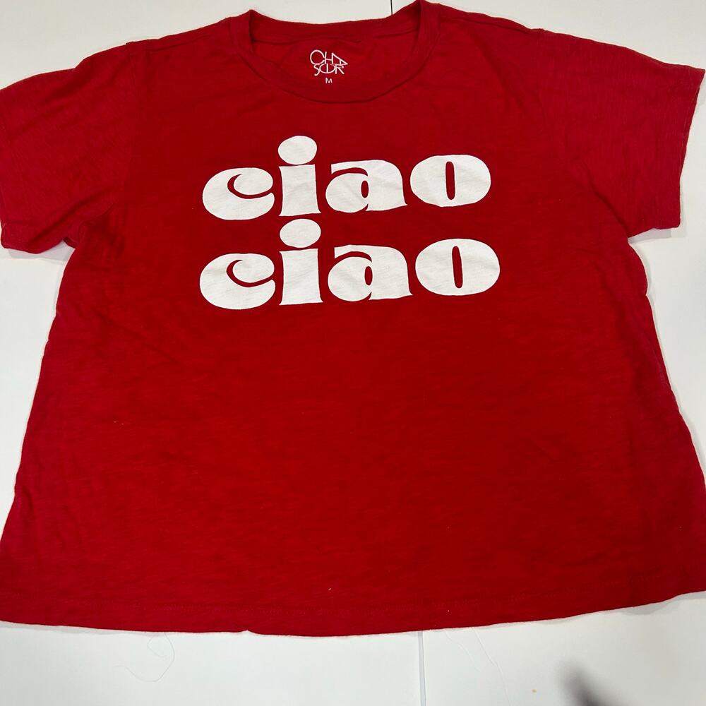 Chaser novelty tee with Ciao slogan. Red color way with white lettering. Women M